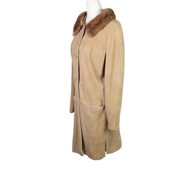Vintage 60s tan brown suede leather mid length coat fur collar 10 - Picture 3 of 5